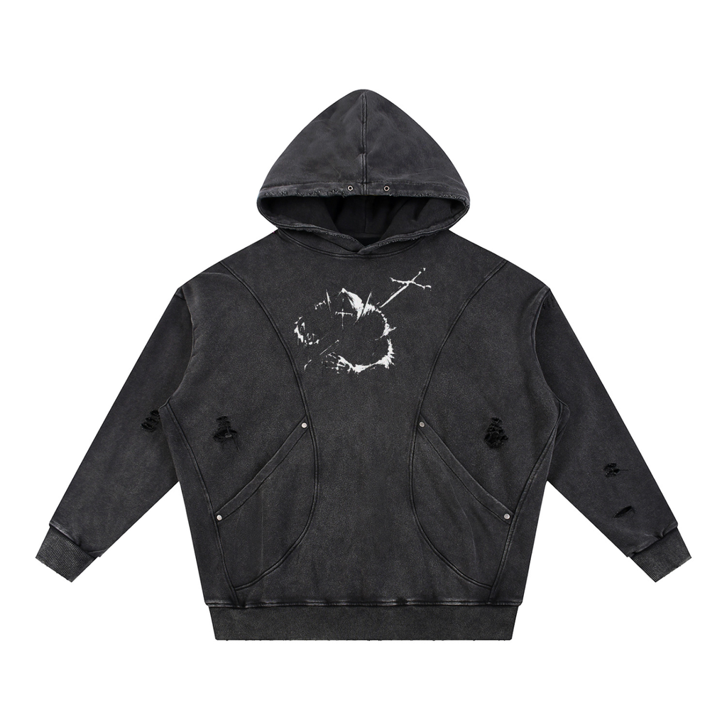 Snow Washed Distressed Panel Pocket Hoodie